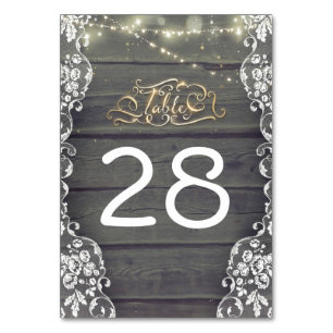 Rustic Wood Lace String Lights Table Number Cards