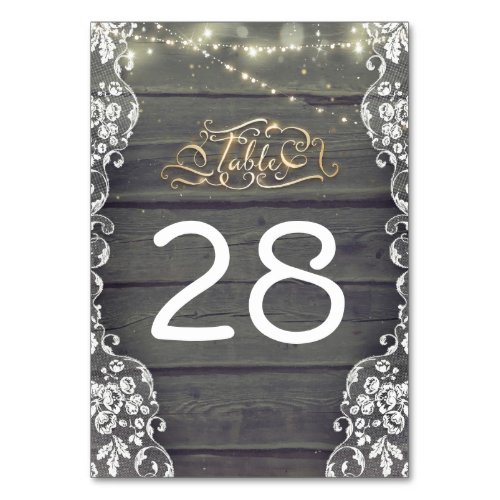 Rustic Wood Lace String Lights Table Number Cards - Rustic string lights, barn wood and vintage lace wedding table number card