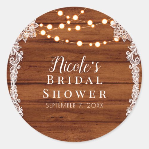 Rustic Wood Lace  String Lights Wedding Bridal Classic Round Sticker