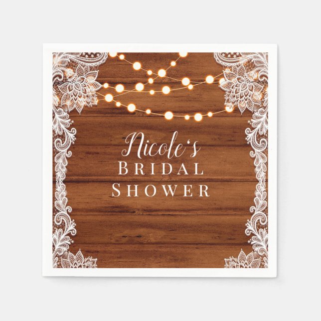 Rustic Wood Lace & String Lights Wedding Bridal Napkins (Front)