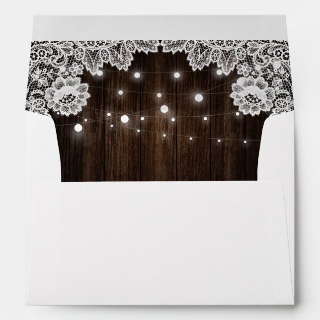 Rustic Wood Lace String Lights Wedding Envelope (Back (Bottom))