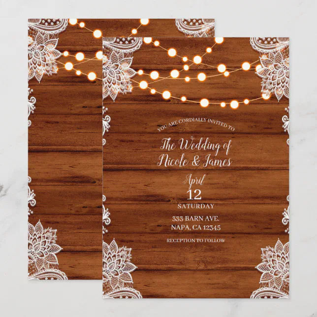 Rustic Wood Lace & String Lights Wedding Invitation | Zazzle