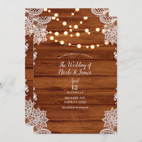 Rustic Wood Lace  String Lights Wedding Invitation