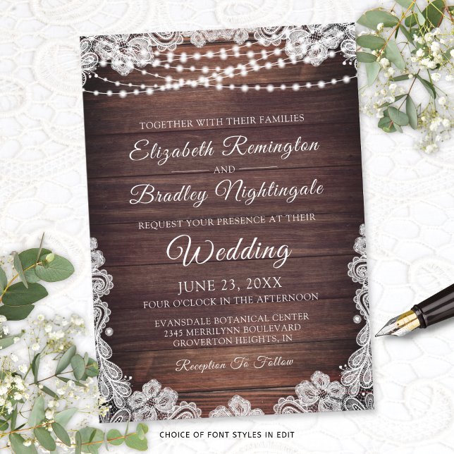 Rustic Wood Lace String Lights Wedding Invitation (Creator Uploaded)