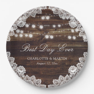 Rustic Wood Lace String Lights Wedding Paper Plates