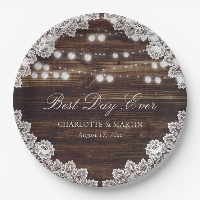 Rustic Wood Lace String Lights Wedding Paper Plates (Front)