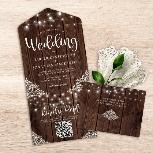 Rustic Wood Lace String Lights Wedding QR Code All In One Invitation