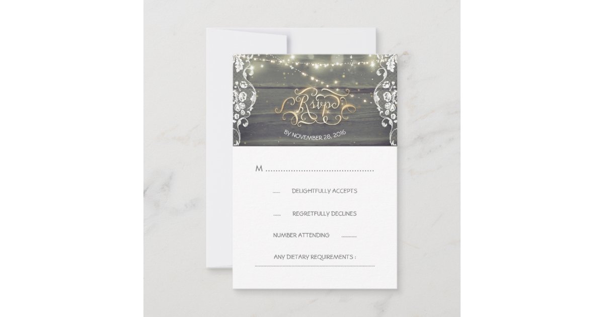 Rustic Wood Lace String Lights Wedding RSVP Card | Zazzle