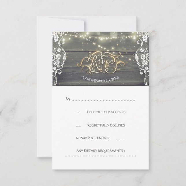 Rustic Wood Lace String Lights Wedding RSVP Card (Front)