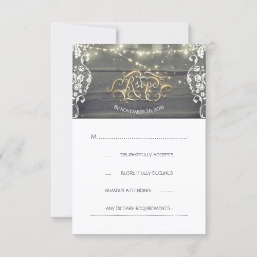 Rustic Wood Lace String Lights Wedding RSVP Card - Rustic country string lights, wood and lace wedding reply cards