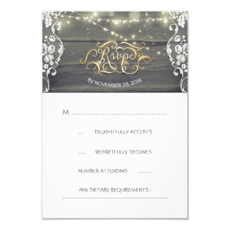 Rustic Wood Lace String Lights Wedding RSVP Card