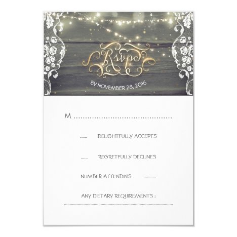 Rustic Wood Lace String Lights Wedding RSVP Card