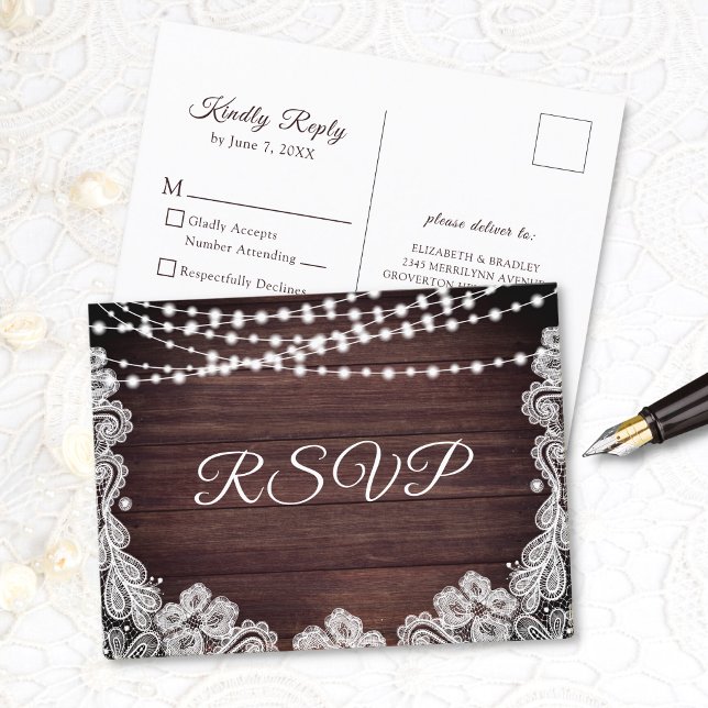 Rustic Wood Lace String Lights Wedding RSVP Invitation Postcard (Creator Uploaded)