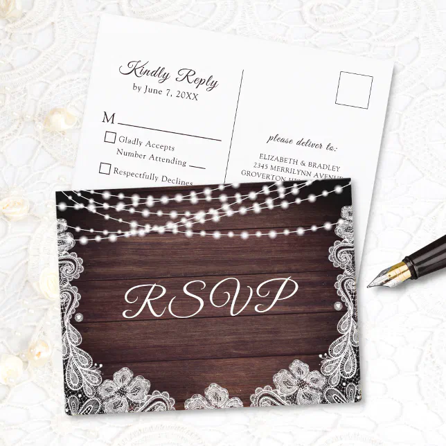 Rustic Wood Lace String Lights Wedding RSVP Invitation Postcard | Zazzle