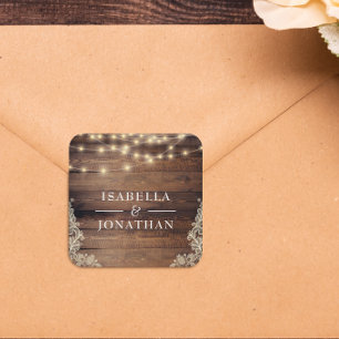 Rustic Wood, Lace & String Lights Wedding Square Sticker