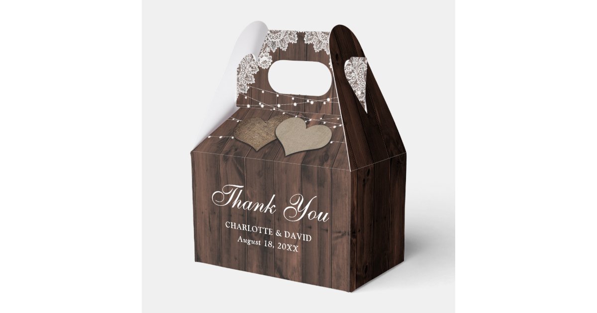 Rustic Wood Lace String Lights Wedding Thank You Favor Boxes | Zazzle