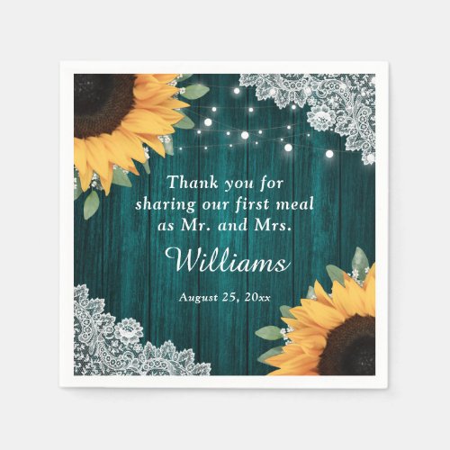 Rustic Wood Lace Sunflower and Teal Wedding Napkins