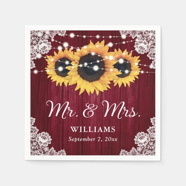 Rustic Wood Lace Sunflower Burgundy Wedding Napkins (Front)