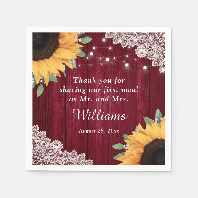 Rustic Wood Lace Sunflower Burgundy Wedding Napkins (Front)