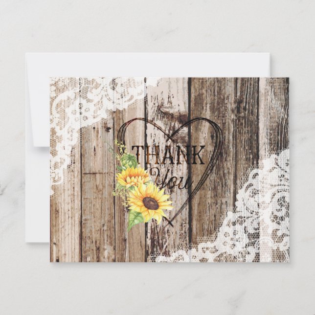 Rustic Wood Lace Sunflower Heart Etching Thank You Card (Front)