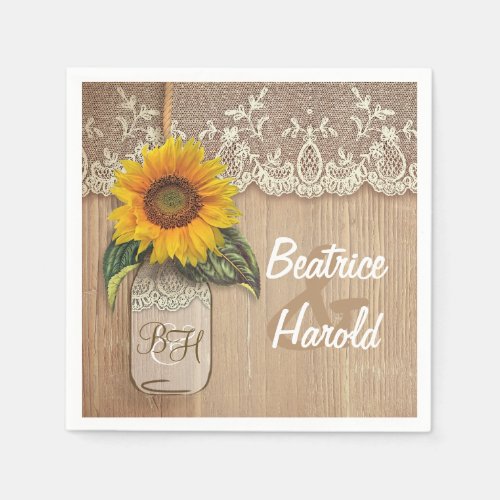 Rustic Wood Lace Sunflower Mason JAr Wedding Paper Napkins - Wood, lace and sunflowers mason jar bouquet rustic country napkins