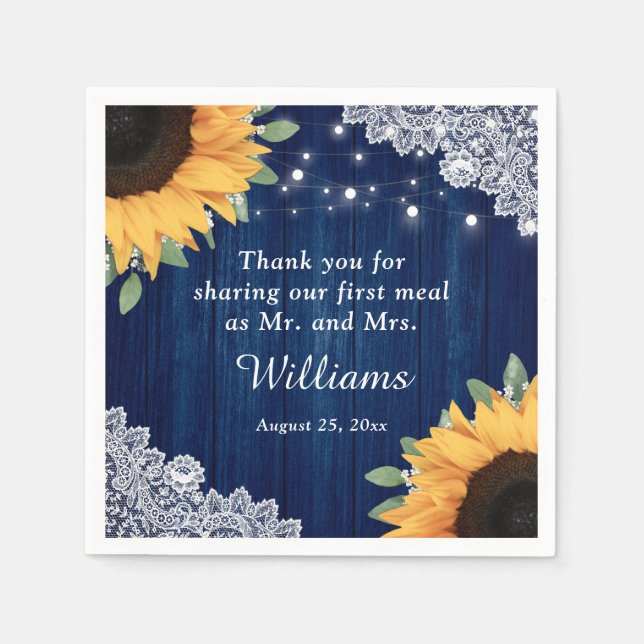 Rustic Wood Lace Sunflower Navy Blue Wedding Napkins (Front)