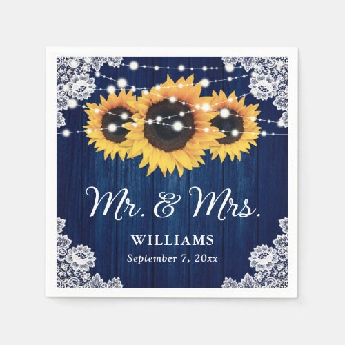 Rustic Wood Lace Sunflower Navy Blue Wedding Napkins