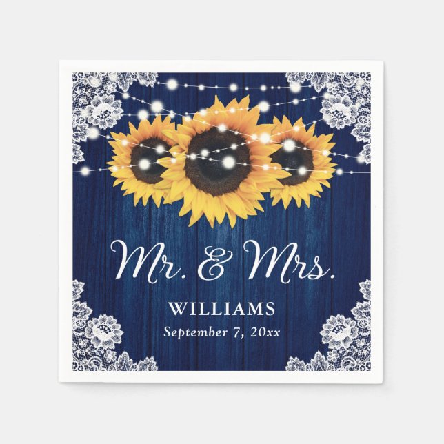 Rustic Wood Lace Sunflower Navy Blue Wedding Napkins (Front)