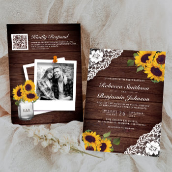 Rustic Wood Lace Sunflower Photo Qr Code Wedding Invitation by ShabzDesigns at Zazzle