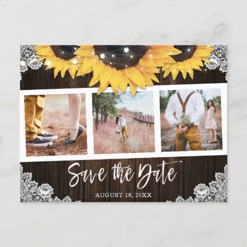 Rustic Wood Lace Sunflower Photo Save The Date Announcement Postcard
