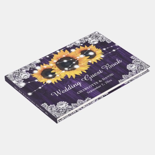 Rustic Wood Lace Sunflower Purple Wedding Guest Book