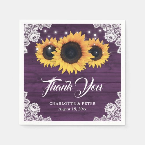 Rustic Wood Lace Sunflower Purple Wedding Napkins