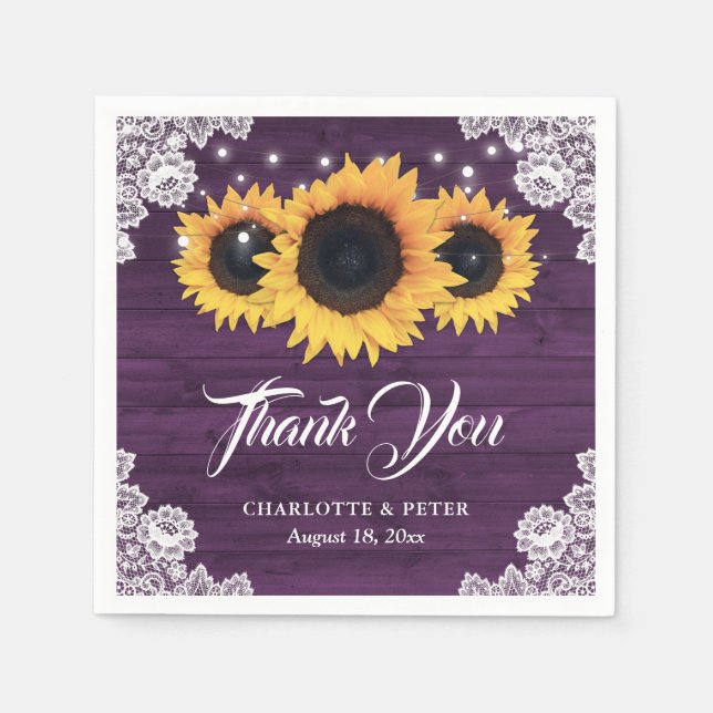 Rustic Wood Lace Sunflower Purple Wedding Napkins (Front)