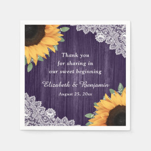 Rustic Wood Lace Sunflower Purple Wedding Napkins