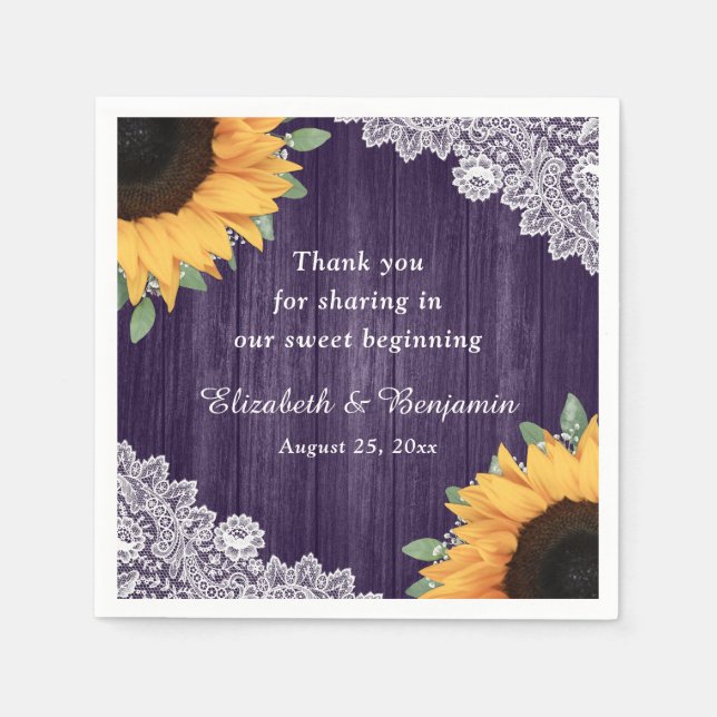 Rustic Wood Lace Sunflower Purple Wedding Napkins (Front)