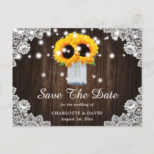 Rustic Wood Lace Sunflower Save The Date Announcement Postcard