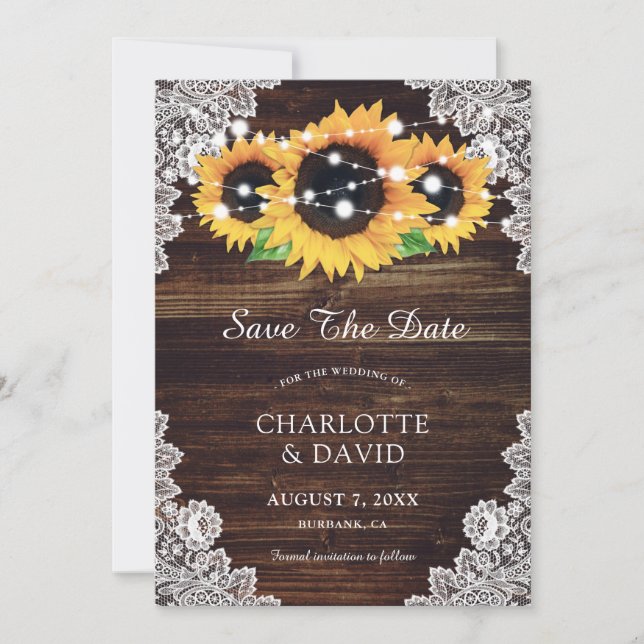 Rustic Wood Lace Sunflower Save The Date Cards (Front)