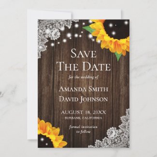 Rustic Wood Lace Sunflower Save The Date Cards