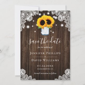 Rustic Wood Lace Sunflower Save The Date Cards