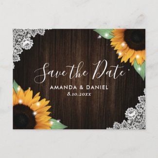 Rustic Wood Lace Sunflower Save The Date Postcard