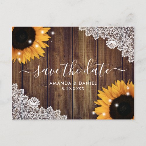 Rustic Wood Lace Sunflower Save The Date Postcard