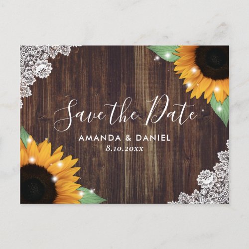 Rustic Wood Lace Sunflower Save The Date Postcard