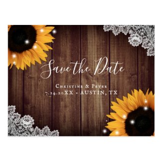 Rustic Wood Lace Sunflower Save The Date Postcards