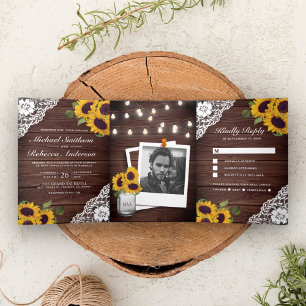 Rustic Wood Lace Sunflower String Lights Wedding Tri-Fold Invitation