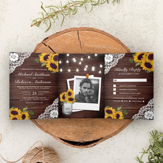 Rustic Wood Lace Sunflower String Lights Wedding Tri-Fold Invitation (Creator Uploaded)