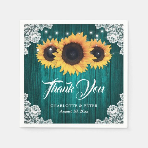 Rustic Wood Lace Sunflower Teal Wedding Napkins