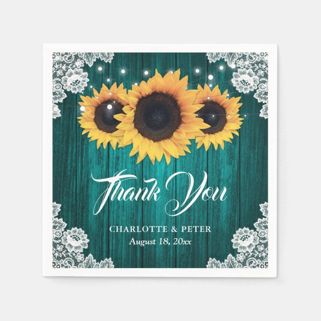 Rustic Wood Lace Sunflower Teal Wedding Napkins (Front)
