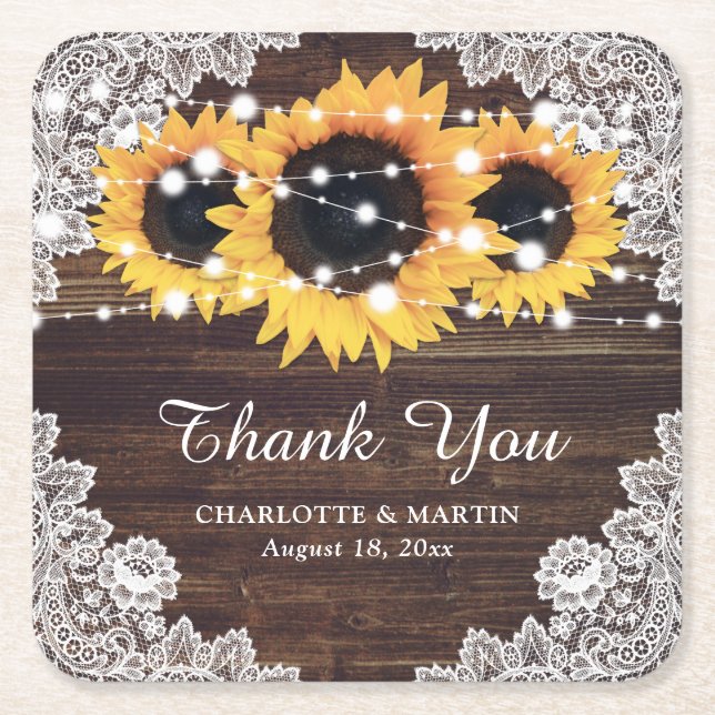 Rustic Wood Lace Sunflower Wedding Coasters (Front)