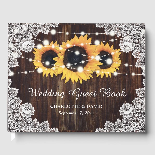 Rustic Wood Lace Sunflower Wedding Guest Book (Front)