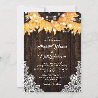 Rustic Wood Lace Sunflower Wedding Invitation